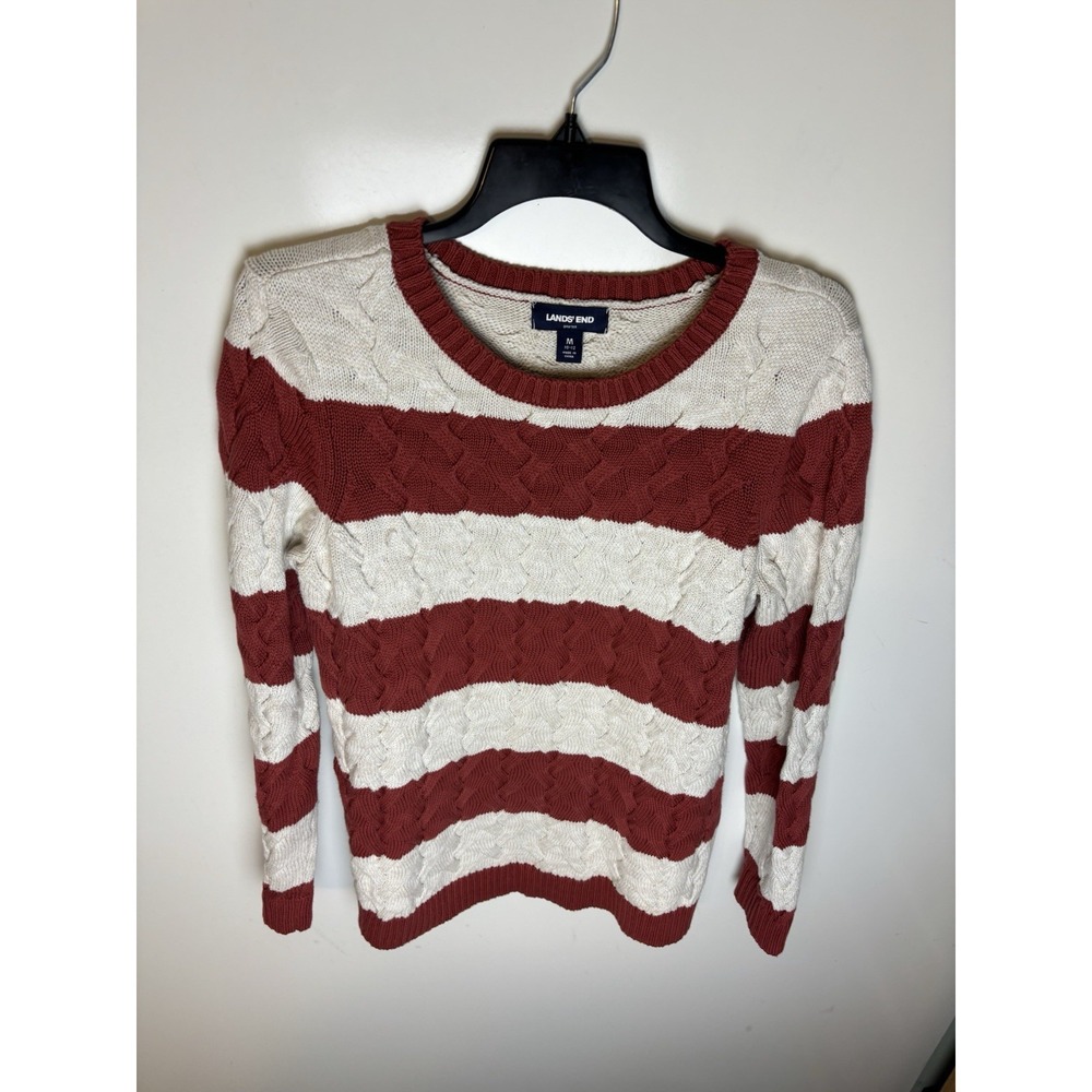 Lands End Drifter Cable Knit Stripe Cotton Crewneck Sweater Womens Medium 10/12